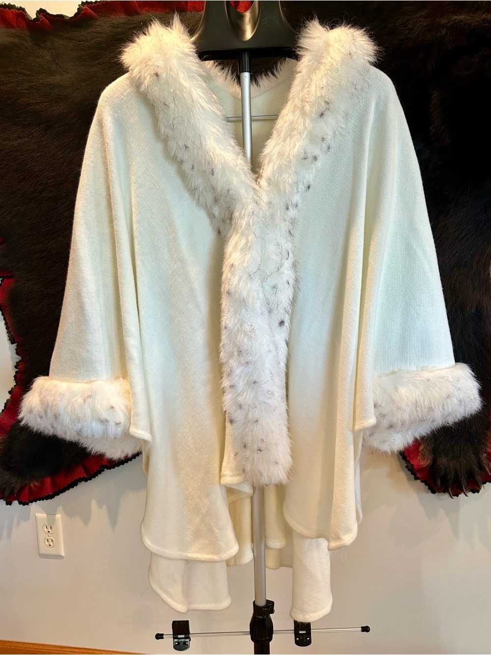 Cream Faux Fur-Trim Cape Sweater - One Size